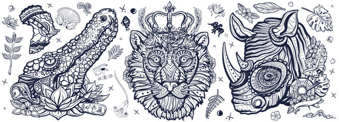 Old school tattoo collection.  Zoo art. Safari in Africa. Traditional tattooing style. African wild animals portrait. Royal lion, evil crocodile and romantic rhino © intueri