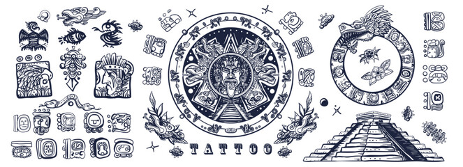 Old school tattoo collection. Ancient Maya Civilization. Mexican mesoamerican culture. Traditional tattooing style. Mayan, Aztecs, Incas. Sun stone, pyramids, glyphs Kukulkan - obrazy, fototapety, plakaty