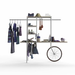 Clothing hanger with different pieces of clothing and a wheel on a white background, 3D rendered