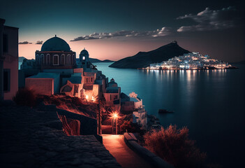 Greek island landscape at dusk - obrazy, fototapety, plakaty