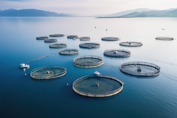 Sea fish farm nets. Cages for fish farming sea, ai generative
