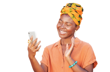 Video call, phone and african woman isolated on a transparent png background for virtual communication. Happy person waves hello on mobile app for social networking, conversation and online web chat