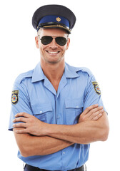 Portrait, police and arms crossed with a man isolated on a transparent background for safety....