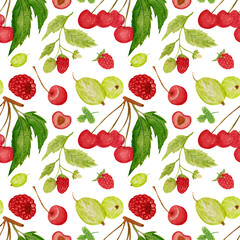 Watercolor seamless pattern, various berries, gooseberry, cherry, raspberry and green leaves on white background.