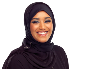 Muslim, woman and headshot portrait for beauty, cosmetics or religion by transparent png background. Isolated islamic model, girl and makeup for empowerment, ramadan celebration or happiness in hijab