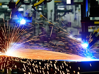Modern High Tech  Industrial Robotic  arm on the factory production line production line is being welded. Generative AI.