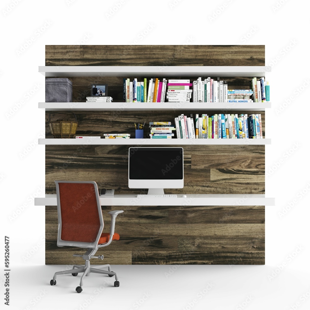 Poster modern office workspace composed of a wooden shelf and a desk with a computer on top, 3d rendered