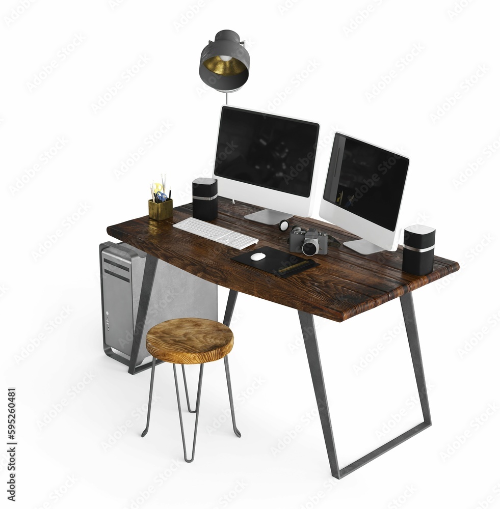 Poster organized workspace with computer monitors on a desk against a white background, 3d rendered