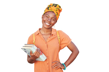 Black woman, books and happy student portrait isolated on a transparent png background. African...