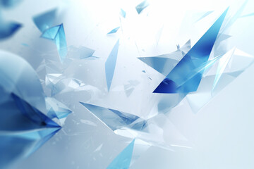Beautiful light blue abstract background. Flying pieces of broken glass or clear plastic. Design element, AI generated, made by AI, artificial intelligence