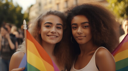 Portrait of Happy Gay friends hanging out together. LGBT and youth people lifestyle concept. Lesbian couple celebrating pride month. 
Generative AI. 
