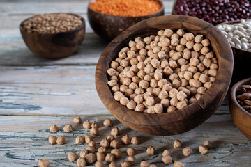 close up dried legumes chickpeas in wooden bowl