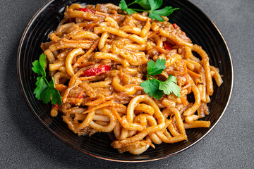 noodles vegetable tomato sauce meal food snack on the table copy space food background rustic top view