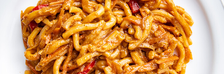 noodles vegetable tomato sauce meal food snack on the table copy space food background rustic top view