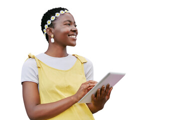 Thinking, tablet and happy with a black woman isolated on a transparent background for social...