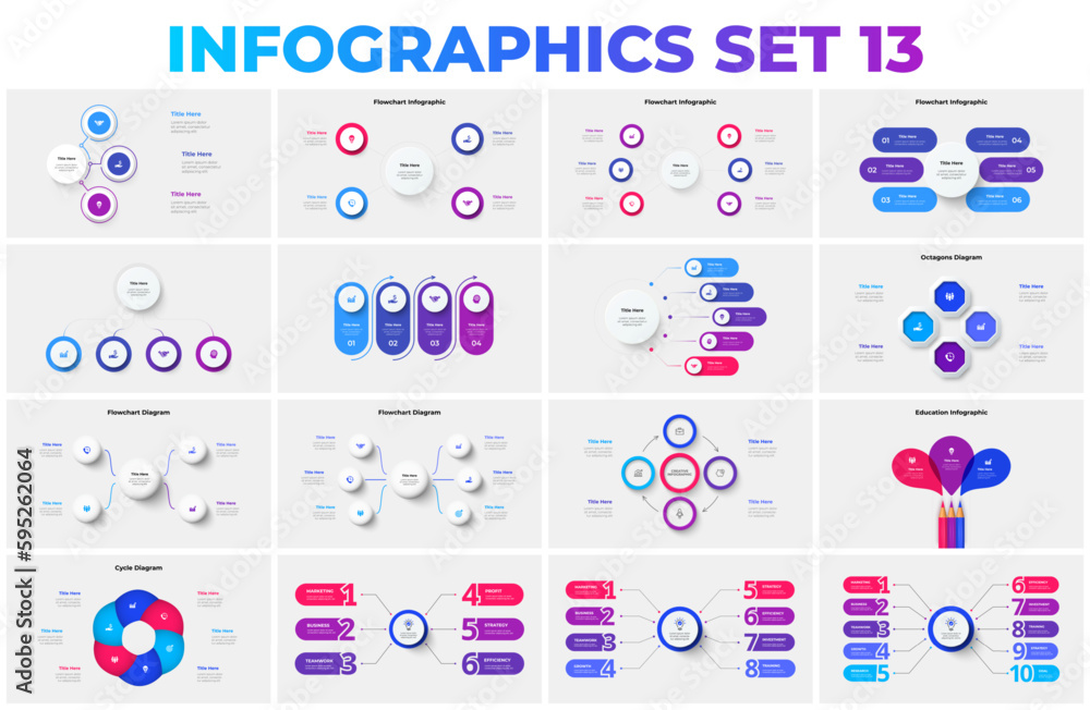 Poster Collection of infographic presentation slides with flowcharts, pencil and cycle diagrams