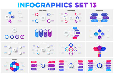 Fototapeta na wymiar Collection of infographic presentation slides with flowcharts, pencil and cycle diagrams