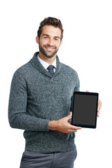 Business man, blank tablet and portrait with screen for website, ui or app promo by png background....