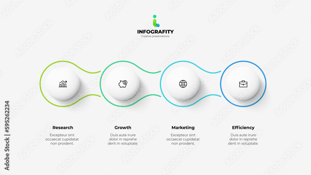 Poster White spheres are arranged horizontally with thin lines. Infographic template with 4 options