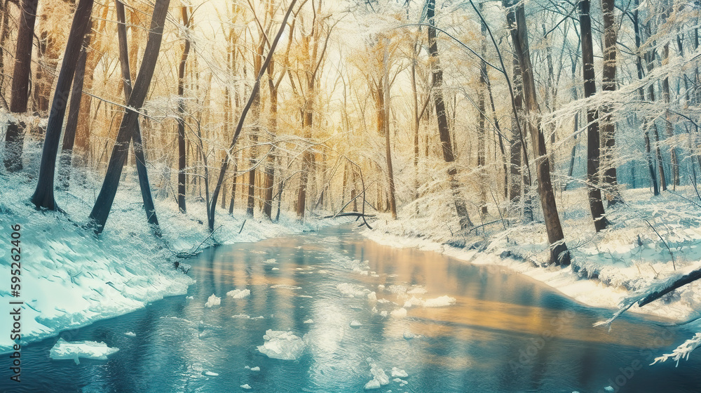 Poster a stream running through a snow covered forest. ai generative.