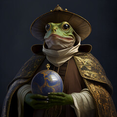A frog dressed as Nicolaus Copernicus, wearing a 16th-century scholar's robe and cap