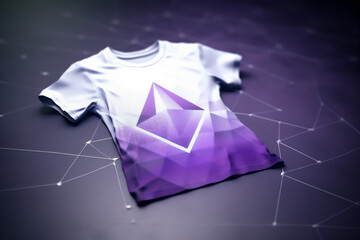 T-shirt mockup. Purple & white T-shirt front view. Ethereum logo, crypto industry. T-shirt with print