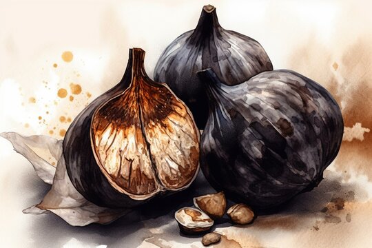 Illustration of black garlic painted in watercolor. Generative AI