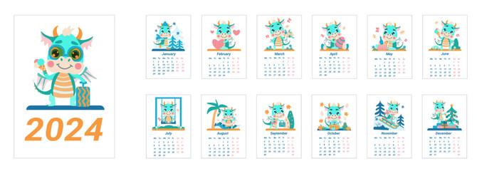 Fototapeta premium Children's calendar for 2024 with a cute green dragon - the symbol of the year. Monthly calendar with vector illustrations of a cute little dragon in a flat cartoon style. Vertical pages.