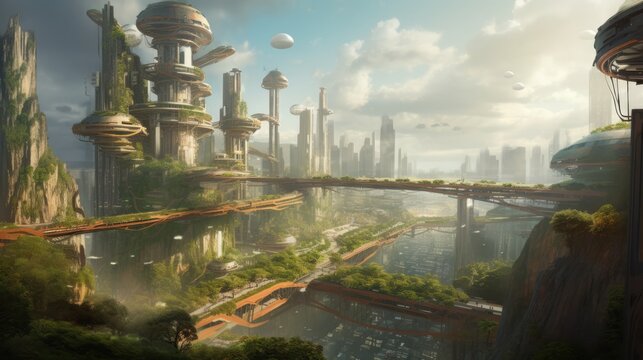 Imaginative Depiction of a Futuristic Zero-Carbon World, Showcasing Sustainable Technologies and Green Solutions, Visionary Generative AI Illustration