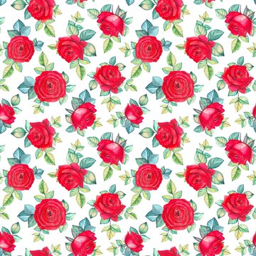 Seamless floral pattern with red roses and leaves, watercolor