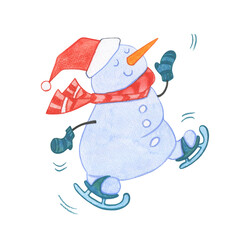 Funny snowman is skating. In a Christmas hat and a red scarf