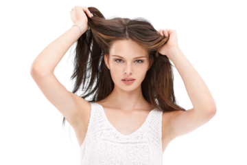Woman, portrait and hands in hair for beauty, treatment and isolated on transparent, png and background. Face, haircare and girl with gen z aesthetic satisfied with weave, extensions or salon results