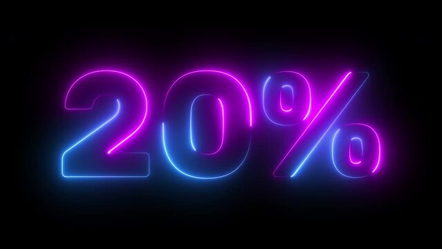 20 percent neon glowing sign on black background loop animation
