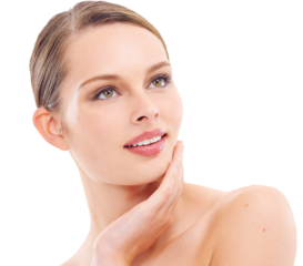 Woman, face and smile with makeup, beauty and skincare isolated on transparent, png background. Female model with healthy skin, glow and dermatology, natural cosmetic care with hygiene and grooming