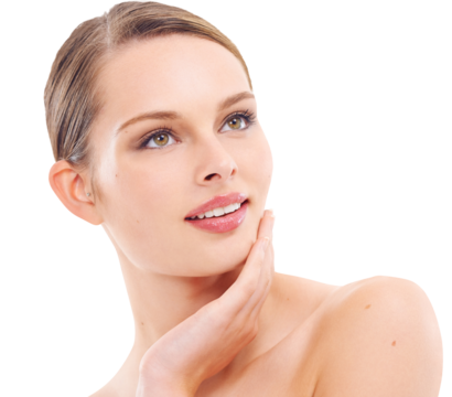 Woman, face and smile with makeup, beauty and skincare isolated on transparent, png background. Female model with healthy skin, glow and dermatology, natural cosmetic care with hygiene and grooming