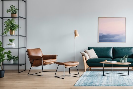Interior mockup with picture frame on a Wall. Living room in pastel colors with sofa and painting on a wall 3D render.