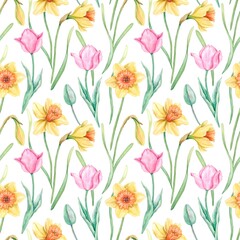 Seamless drawing with watercolor blooming pink tulips and yellow daffodils on a green stem with leaves on a white background. Hand-painted spring flowers. Design for wrapping paper, cover, textiles.