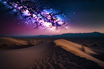 Obraz na płótnie Canvas A serene desert scenery of rolling sand dunes amidst magenta sky background illuminated by stars that rise at night. Generative AI