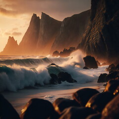 Rugged coastline at sunset, with the warm and vivid hues of the sun casting a golden glow over the dramatic rock formations and crashing waves, generative ai