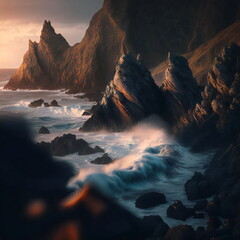 Rugged coastline at sunset, with the warm and vivid hues of the sun casting a golden glow over the dramatic rock formations and crashing waves, generative ai