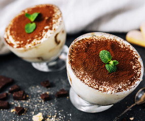 dessert tiramisu in glass close up