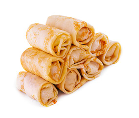 Stack of crepes rolls twisted with meat
