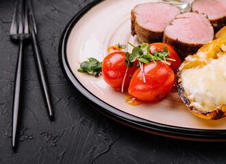 turkey tenderloin with potatoes and roasted peppers