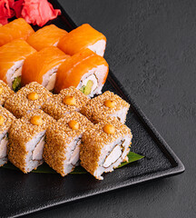 Sushi set on the black tray