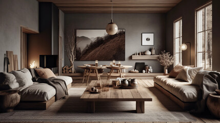 A cozy living area with earthy tones and natural materials, such as wool and ceramic, captures warmth, comfort, and relaxation, Created with generative Ai Technology.