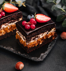 Delicious chocolate cake decorated with fresh berries