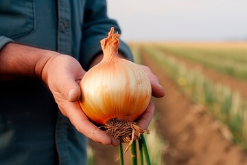A man holds a onion on the background of the field. Farmer's hands close up. The concept of planting and harvesting a rich harvest. - obrazy, fototapety, plakaty