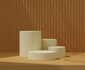 3d background product with four podiums and orange brown wall