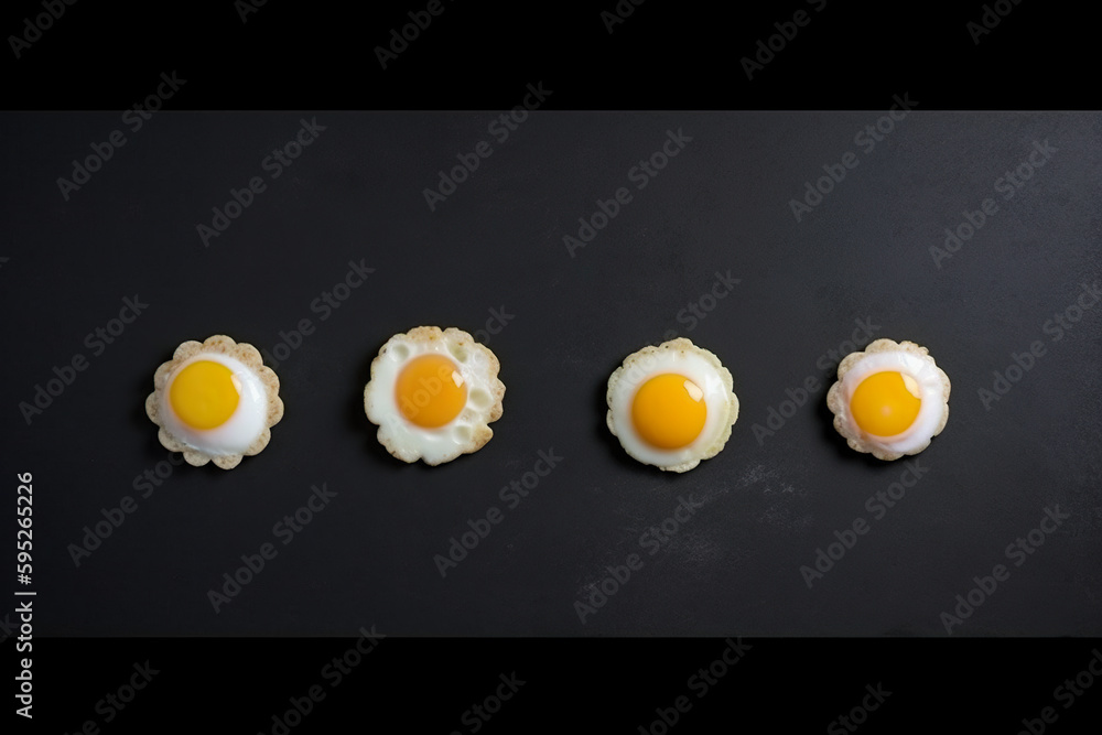 Poster Three fried eggs in a row on a black surface. AI generative image