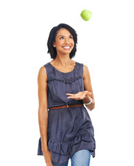 Apple throw, happy or woman with fruits, weight loss progress and smile for health, wellbeing and...